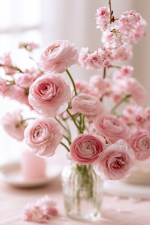 Delicate pink ranunculus flowers paired with soft cherry blossoms in an airy spring bouquet with romantic botanical styling