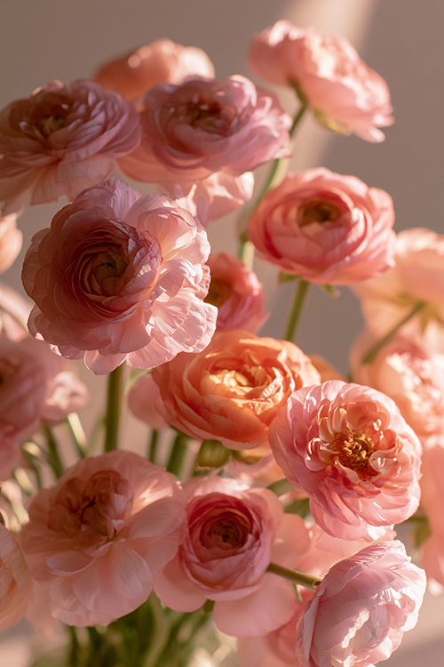 Pink ranunculus bouquet bathed in warm spring sunlight with layered pastel petals and elegant botanical beauty