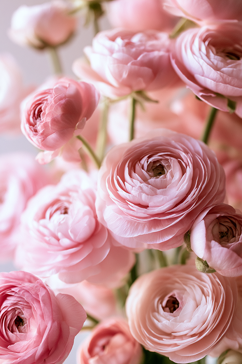 Soft pink ranunculus blooms creating an elegant floral aesthetic with gentle pastel tones and natural beauty.