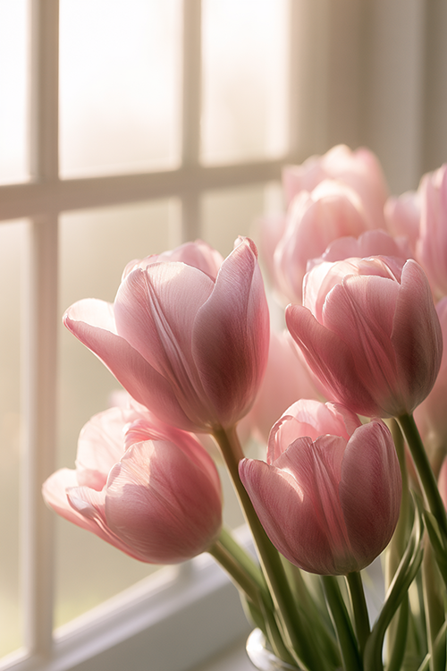 Pink tulips glowing in soft morning light with delicate petals, airy composition, and timeless spring flower aesthetic.