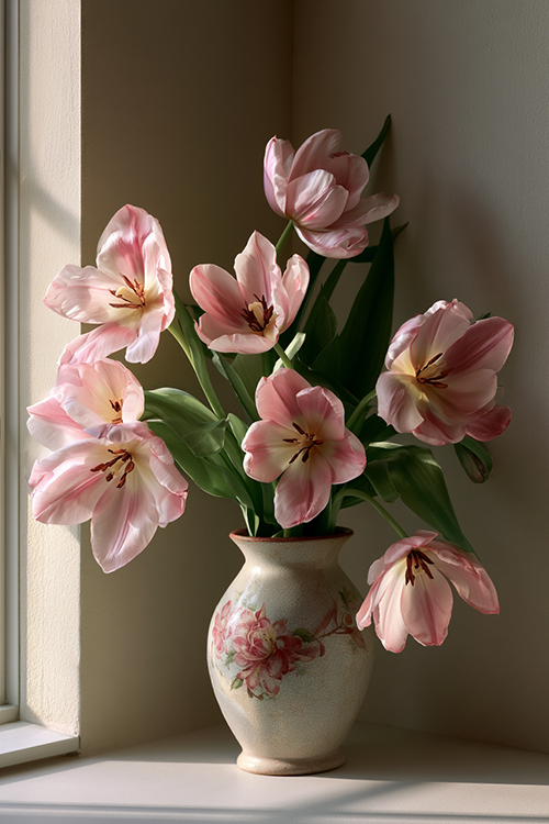 Soft pink tulips in a floral ceramic vase beside a sunlit window with warm natural light and timeless cottage charm