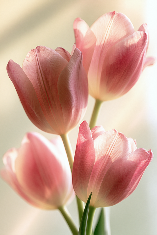 Pink tulips swaying gently in warm spring sunlight with pastel petals, airy garden atmosphere, and elegant floral beauty