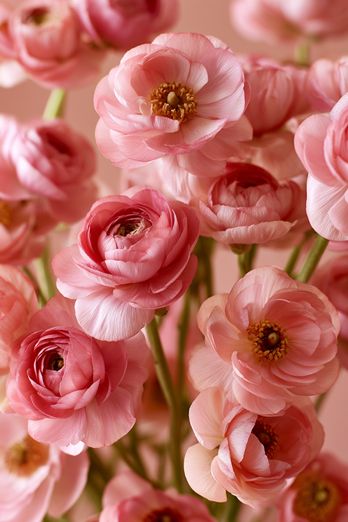 Close-up pink ranunculus flowers showcasing intricate layered petals and delicate rosette structure in soft natural