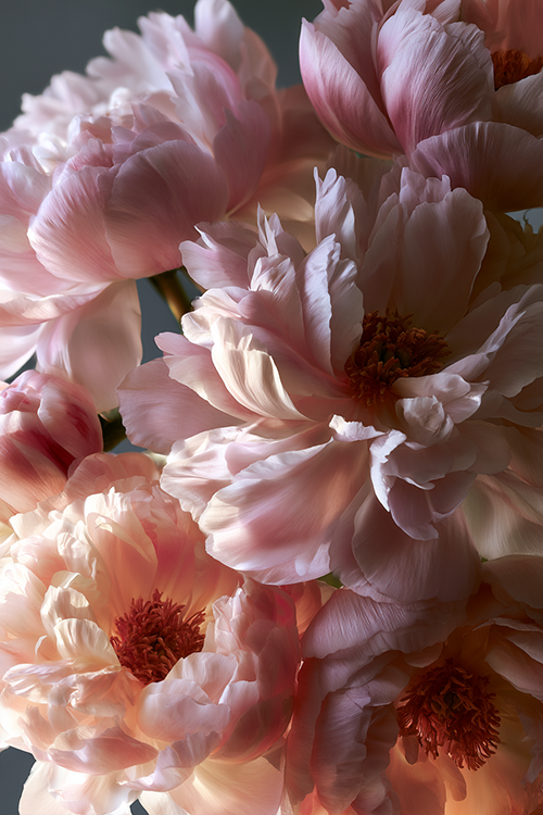Romantic blush peonies illuminated by soft sunrise light with layered pastel petals and elegant botanical beauty.