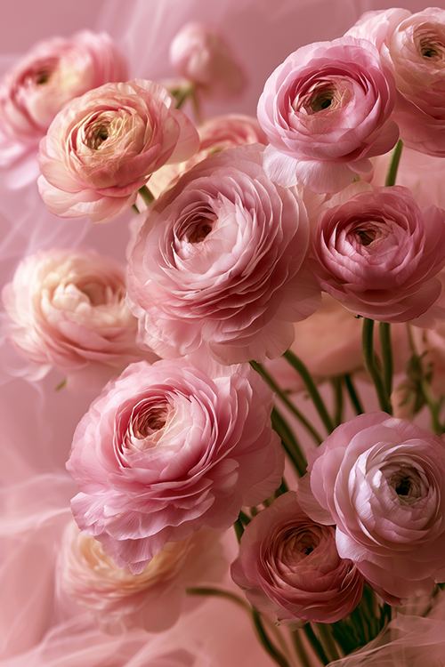 Romantic blush ranunculus flowers gathered in a dreamy floral arrangement with graceful pastel tones