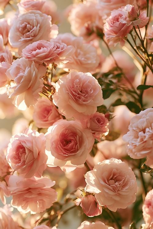 Romantic blush roses glowing in soft golden morning sunlight with delicate pastel petals and elegant garden beauty