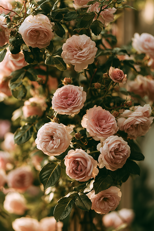 Romantic blush garden roses climbing through lush greenery in warm golden light with timeless cottage garden charm