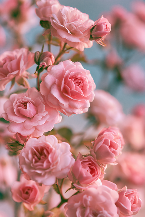 Romantic cluster of soft pink roses and rosebuds surrounded by airy garden light and pastel floral tones.