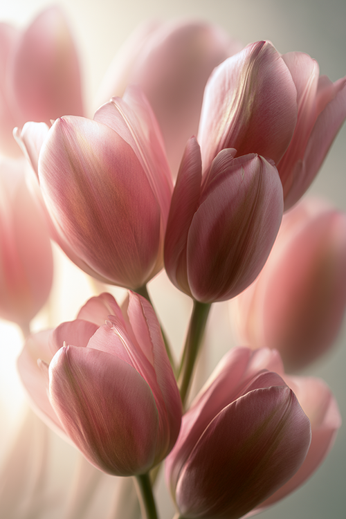 Romantic pink tulips bathed in gentle spring light with airy composition and soft floral elegance.
