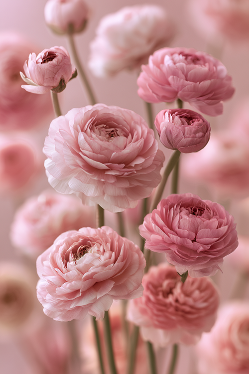 Romantic pink ranunculus flowers flourishing in a cottage garden with delicate spring colors