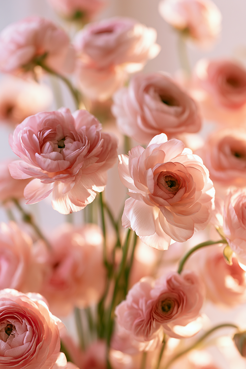 Romantic pink ranunculus flowers illuminated by warm morning sunlight with airy botanical atmosphere.