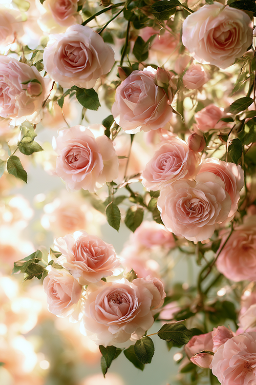 Romantic soft pink climbing roses illuminated by golden morning sunlight with airy botanical beauty and graceful garden charm
