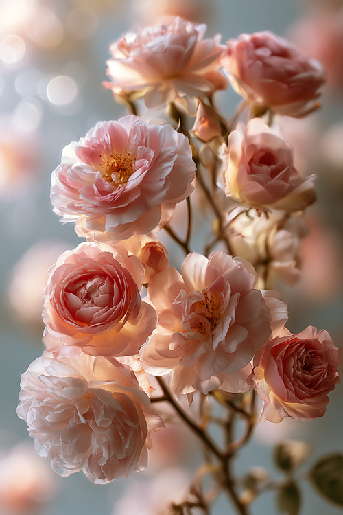 Soft pink garden roses surrounded by delicate morning bokeh with luminous petals, elegant floral textures, and atmospheric garden light.
