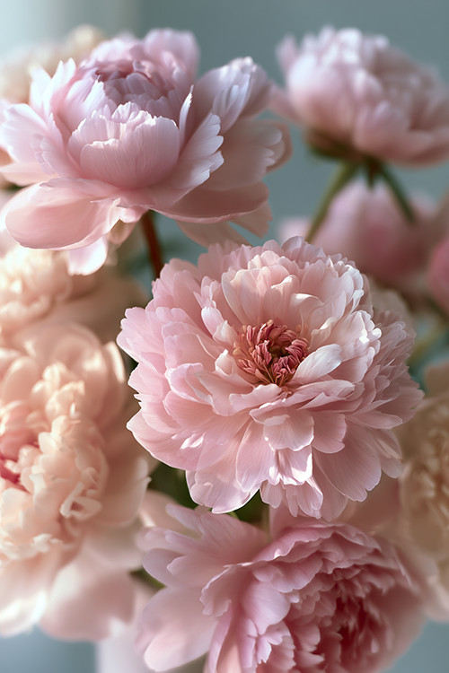 Soft pink peonies glowing in gentle morning sunlight in a romantic spring garden with airy pastel blooms and elegant botanical beauty