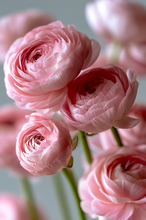Soft pink ranunculus blooms with layered petals against an airy pastel botanical backdrop
