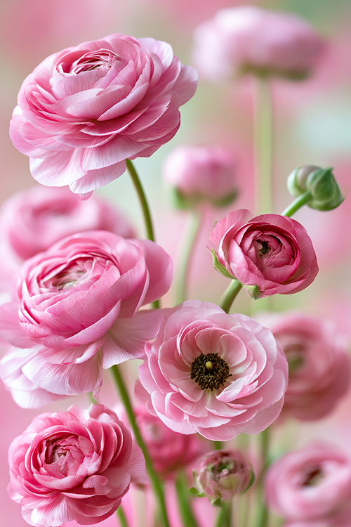 Soft pink ranunculus blooming in a cottage garden with layered pastel petals and gentle morning sunlight