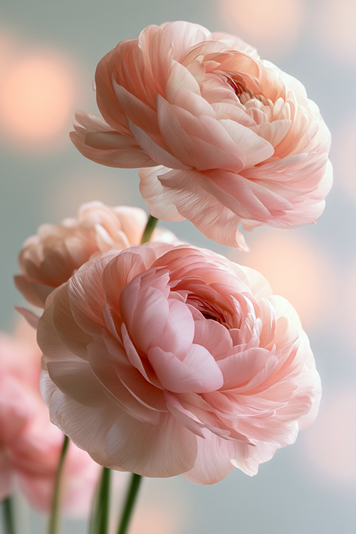 Soft pink ranunculus blooms displaying intricate layered petals against an airy pastel background