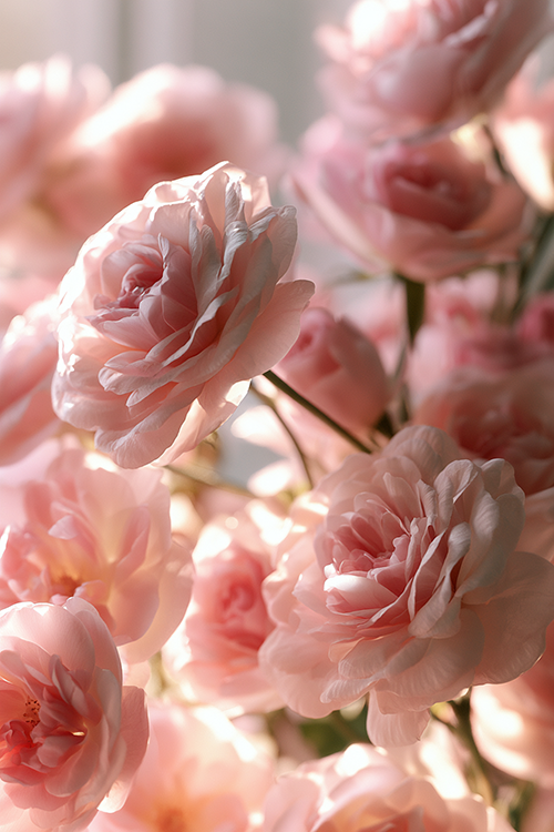 Soft pink roses glowing in gentle morning sunlight with airy pastel petals and elegant botanical beauty