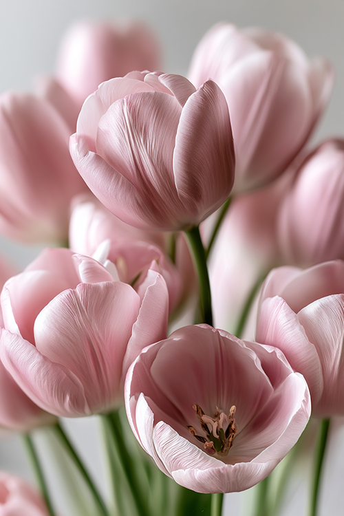Soft pink tulips captured in close-up with delicate petal textures, airy composition, and romantic spring atmosphere. 