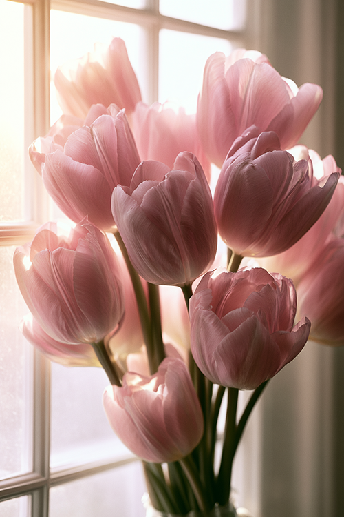 Soft pink tulips glowing beside a sunlit cottage window with warm morning light, airy spring atmosphere, and elegant floral beauty