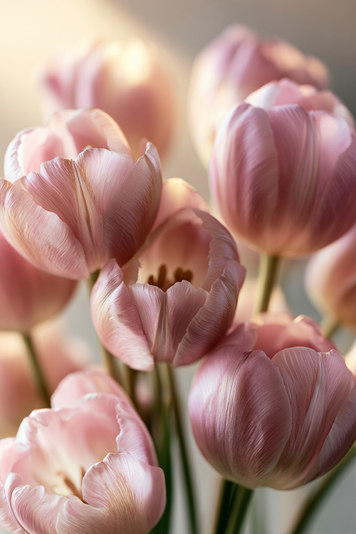 Soft pink tulips glowing through gentle morning mist with pastel petals, airy spring atmosphere, and elegant botanical beauty