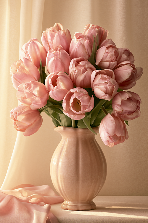 Soft pink tulips arranged in a vintage ceramic vase glowing in gentle morning sunlight with elegant pastel petals and timeless botanical beauty.