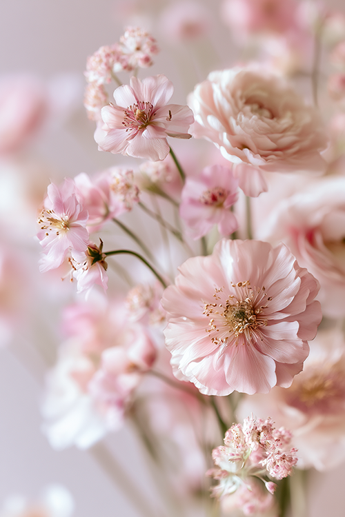 Soft pink wildflowers glowing in gentle morning sunlight with airy botanical beauty and elegant spring meadow charm.