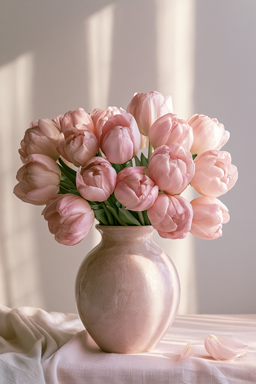 Elegant pink tulip arrangement in a vintage vase illuminated by warm morning light with airy botanical charm and seasonal beauty.