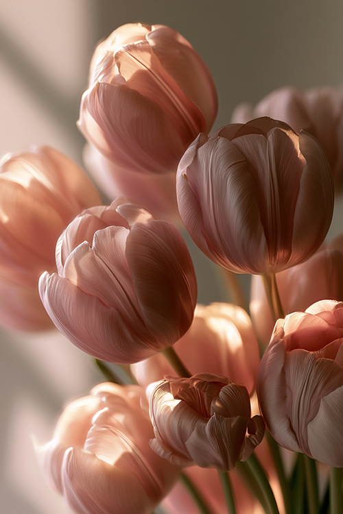 Blush pink tulips illuminated by warm morning sunlight with graceful petals and dreamy floral photography styling