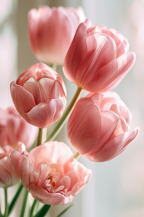 Close-up of pastel pink tulips illuminated by soft spring sunlight, showcasing graceful petals and botanical elegance