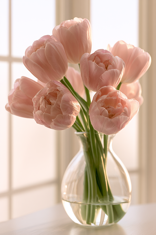 Soft pink tulips in a clear glass vase beside a sunlit window with warm morning light and airy spring atmosphere.