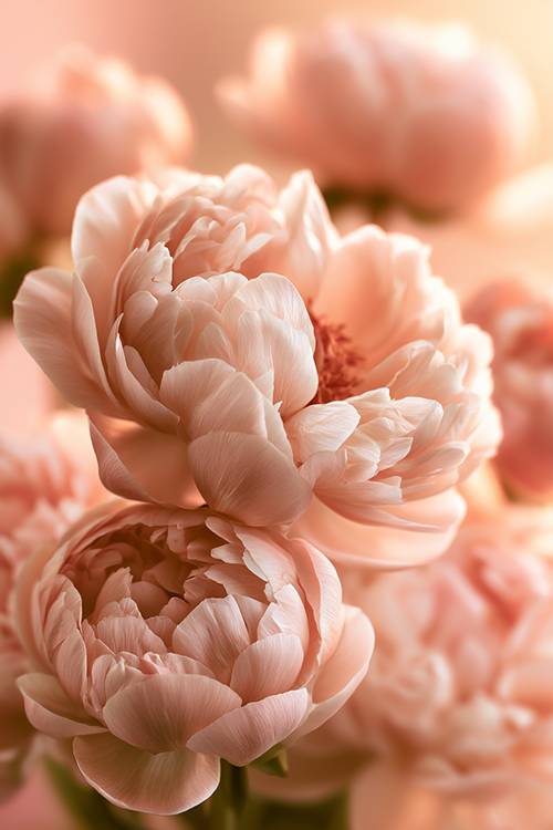 Soft blush peonies glowing in warm sunrise light with delicate pastel petals and dreamy floral atmosphere